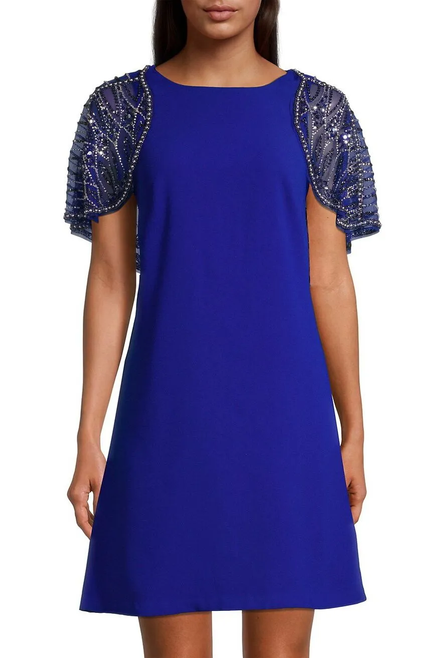 Boat Neck Embellished Mesh Cape Keyhole Back Button Closure Scuba Dress