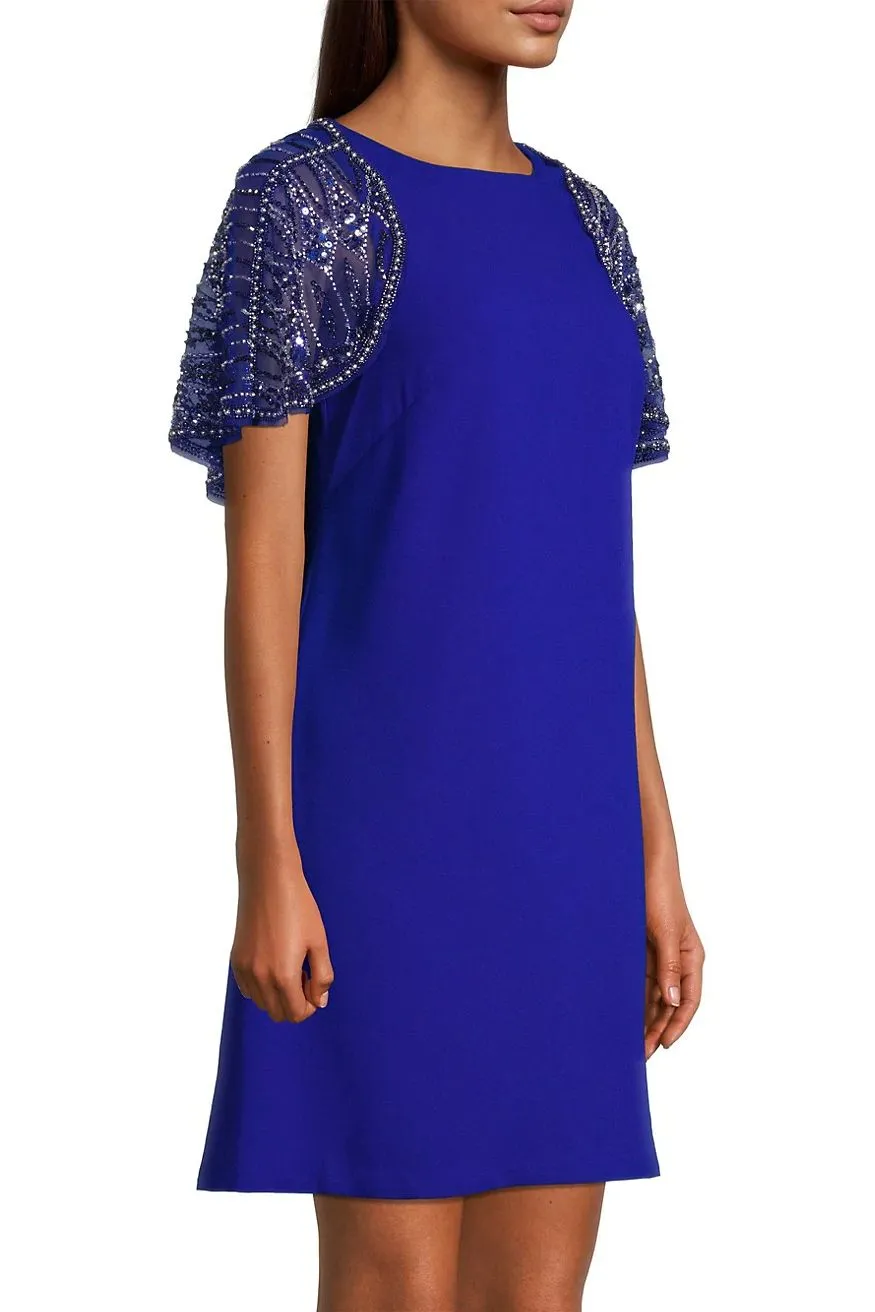 Boat Neck Embellished Mesh Cape Keyhole Back Button Closure Scuba Dress