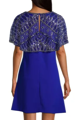 Boat Neck Embellished Mesh Cape Keyhole Back Button Closure Scuba Dress