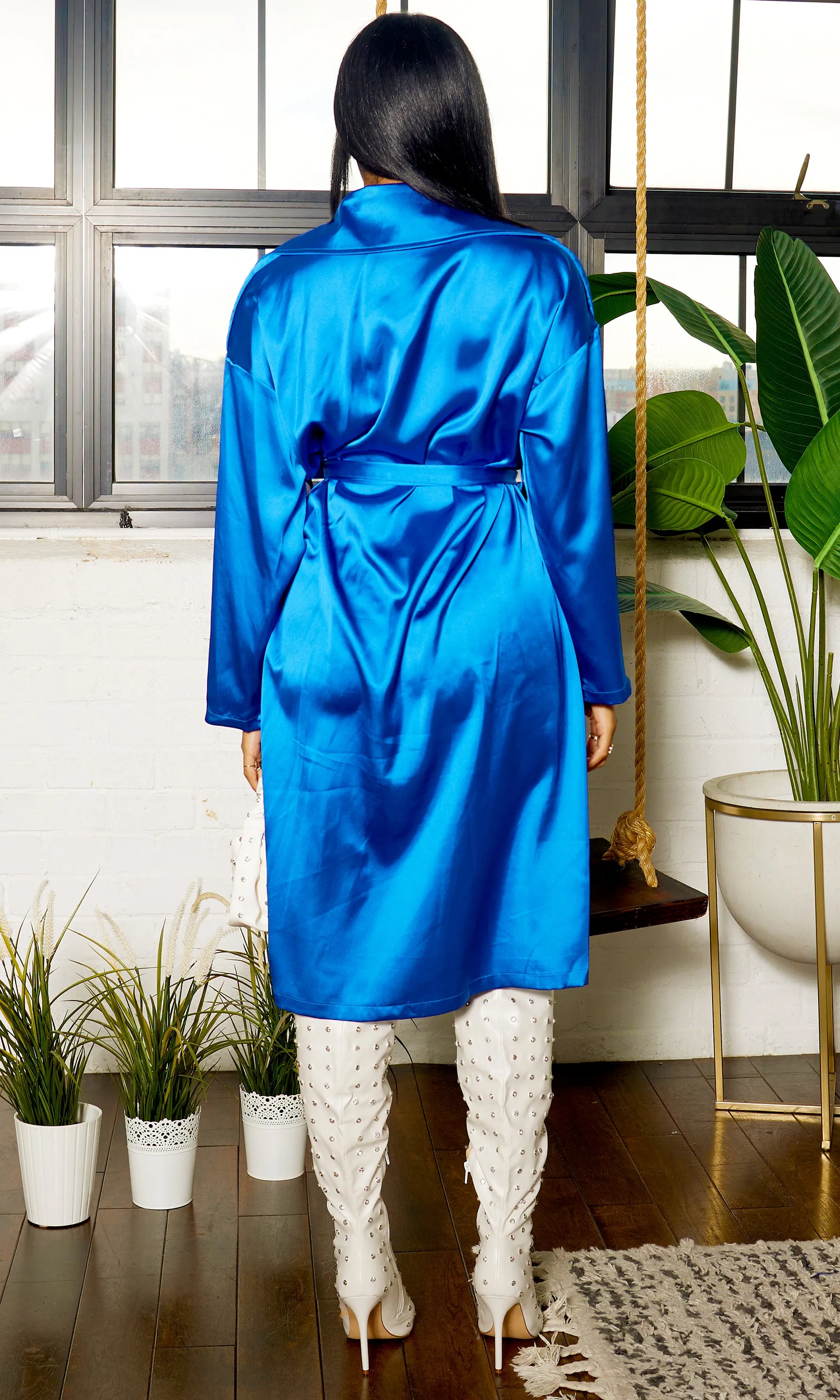 Classic Silk Notch Trench Coat Dress - Royal Blue FINAL SALE