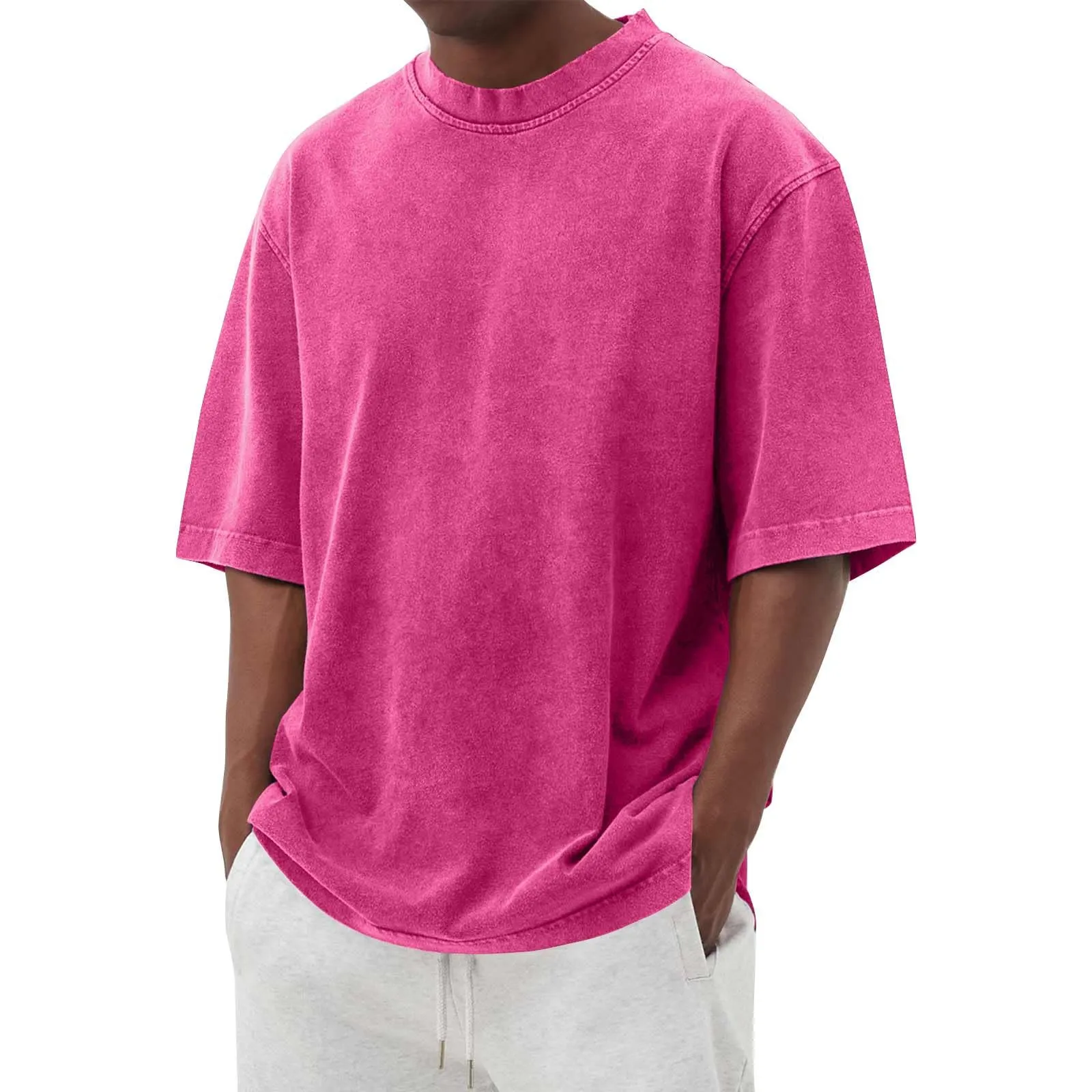 Cotton Shirt for Men Loose Fit Distressed Casual Half Sleeve T-Shirt Summer Retro Style Crewneck Pullover, Lighting Deals of Today My Order Shop The Look Baggy Style Tee(Hot Pink,3X-Large)