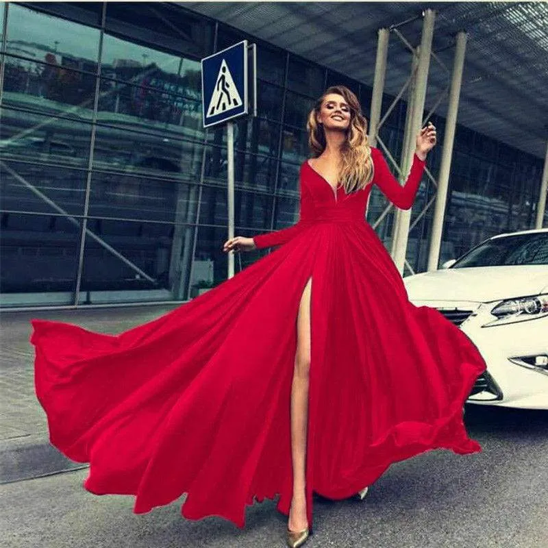 FashionSierra - Women Autumn Long Sleeve Maxi Dress Elegant Split Formal Evening Party Dress Fashion V neck Women vestidos