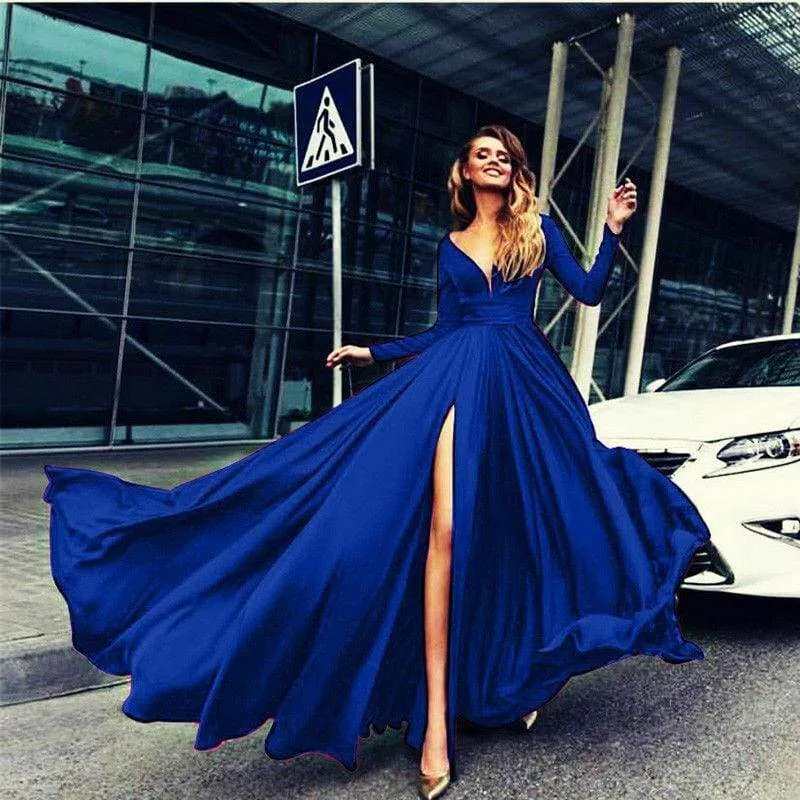 FashionSierra - Women Autumn Long Sleeve Maxi Dress Elegant Split Formal Evening Party Dress Fashion V neck Women vestidos