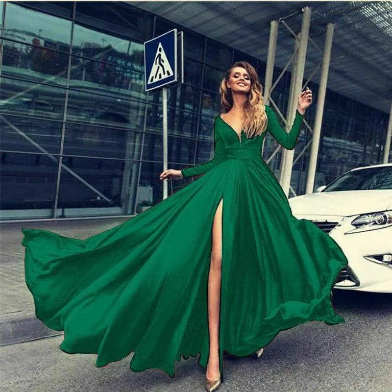 FashionSierra - Women Autumn Long Sleeve Maxi Dress Elegant Split Formal Evening Party Dress Fashion V neck Women vestidos