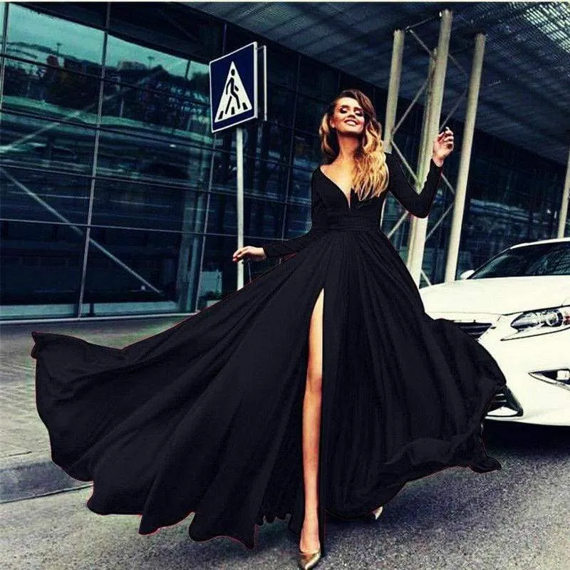 FashionSierra - Women Autumn Long Sleeve Maxi Dress Elegant Split Formal Evening Party Dress Fashion V neck Women vestidos