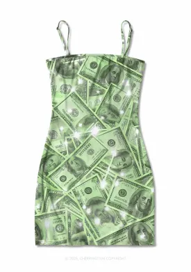 Green Shiny Money Y2K Print Slip Dress Cherrykitten