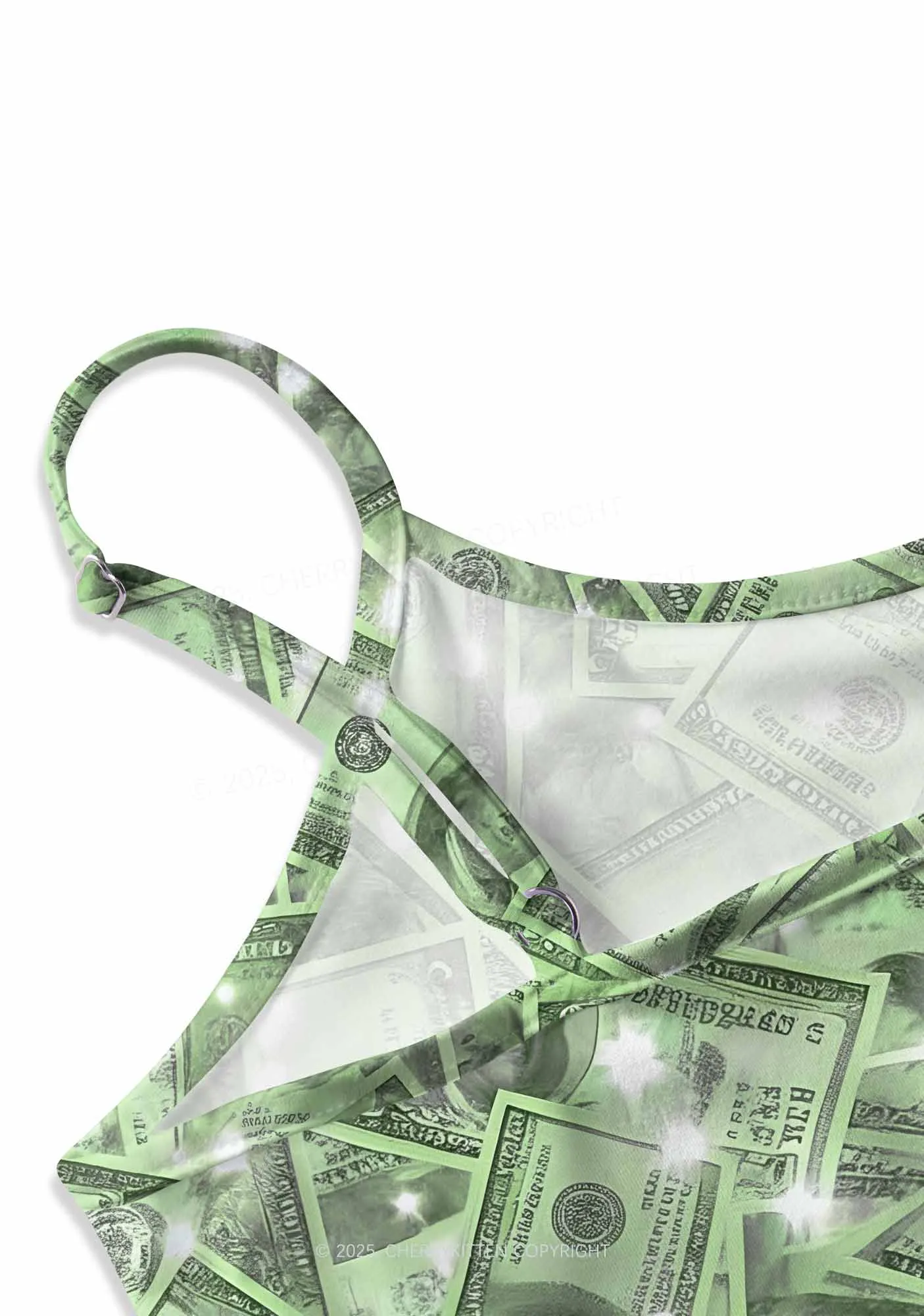 Green Shiny Money Y2K Print Slip Dress Cherrykitten