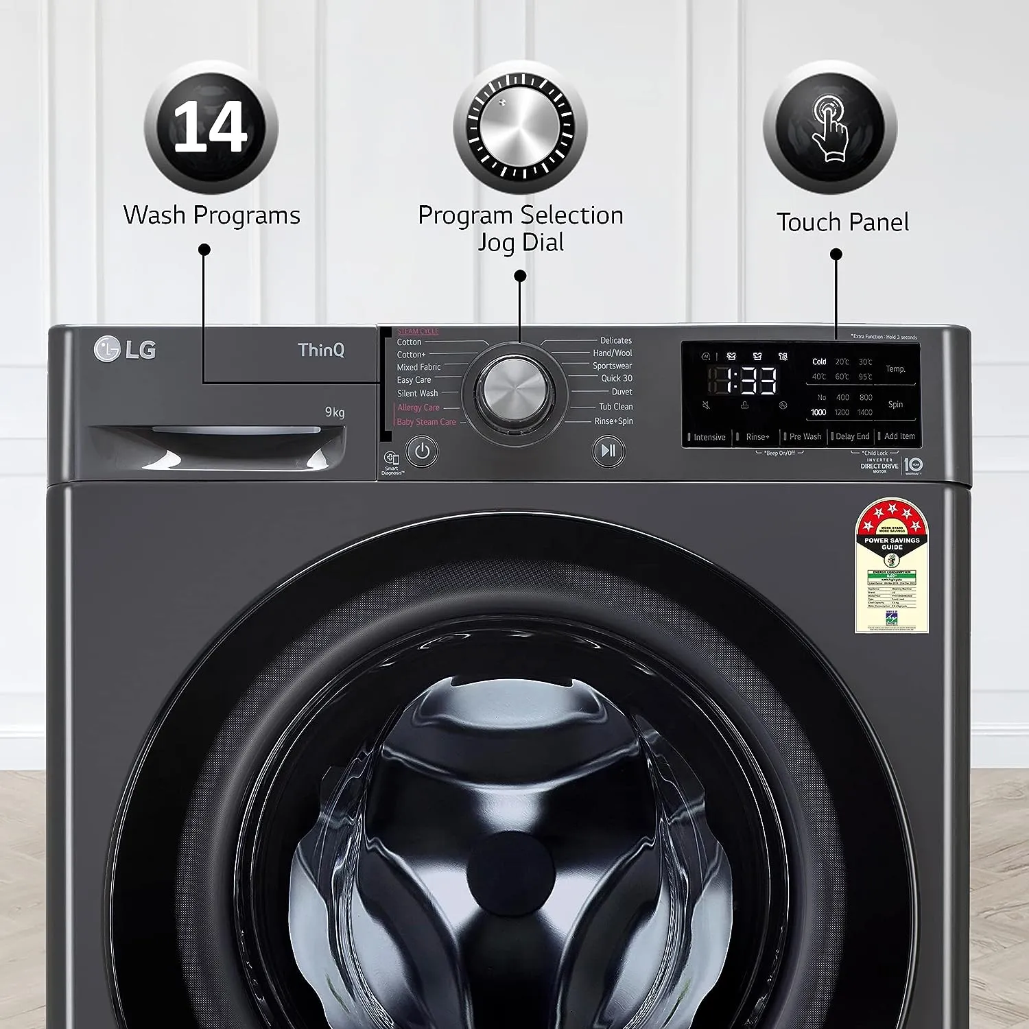 LG FHV1409Z4M 9 Kg 5 Star AI Direct Drive Wi-Fi Front Load Washing Machine (Steam , Inverter Motor, In-Built Heater, 1400 RPM, Middle Black)