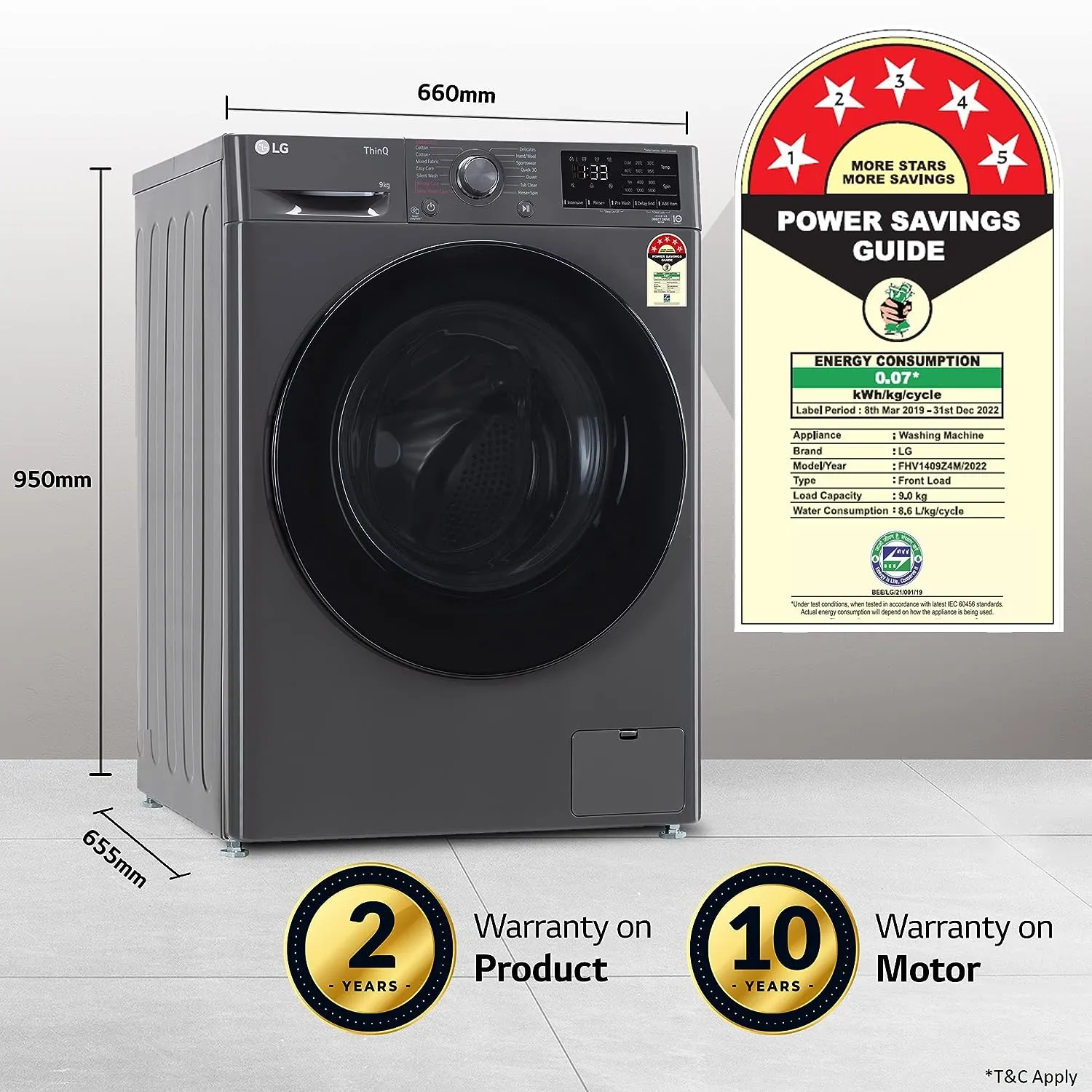 LG FHV1409Z4M 9 Kg 5 Star AI Direct Drive Wi-Fi Front Load Washing Machine (Steam , Inverter Motor, In-Built Heater, 1400 RPM, Middle Black)
