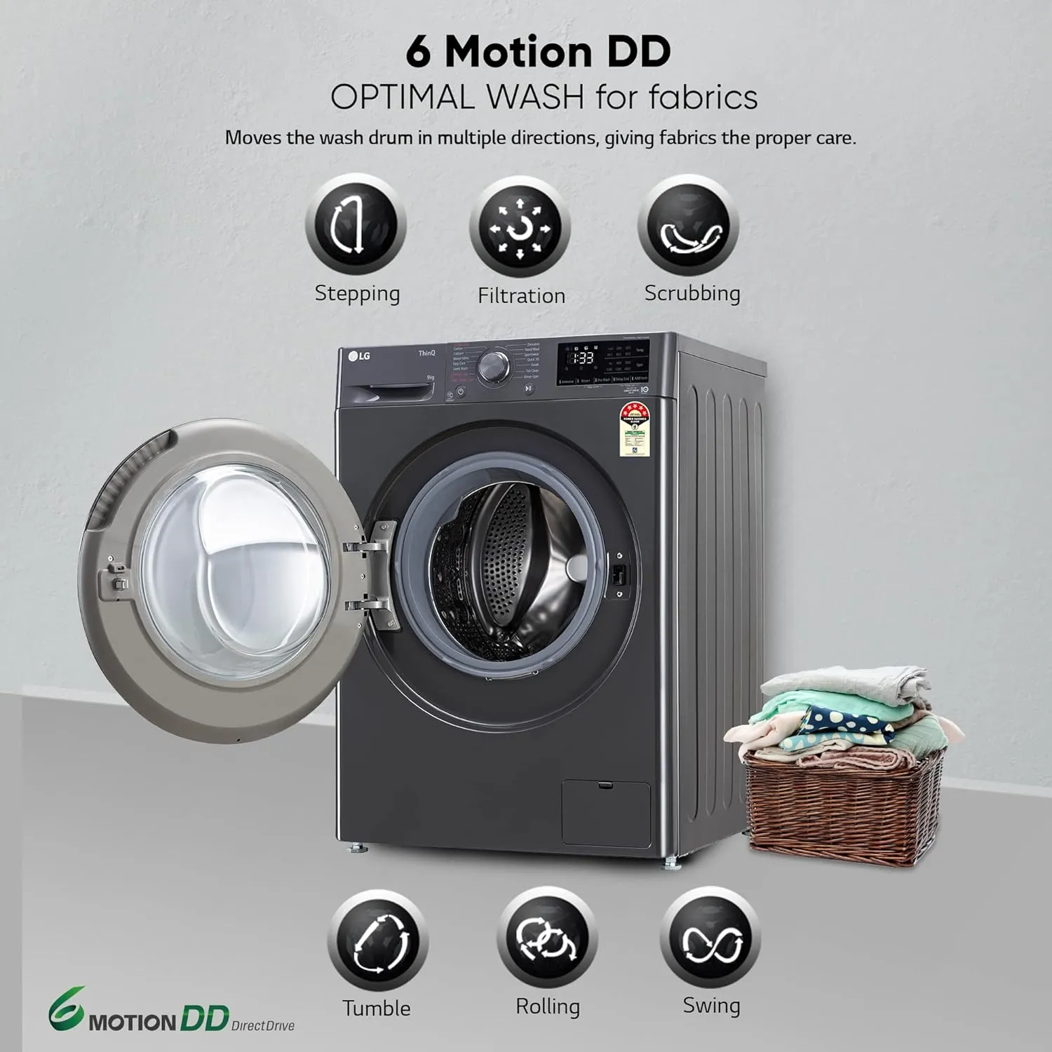 LG FHV1409Z4M 9 Kg 5 Star AI Direct Drive Wi-Fi Front Load Washing Machine (Steam , Inverter Motor, In-Built Heater, 1400 RPM, Middle Black)