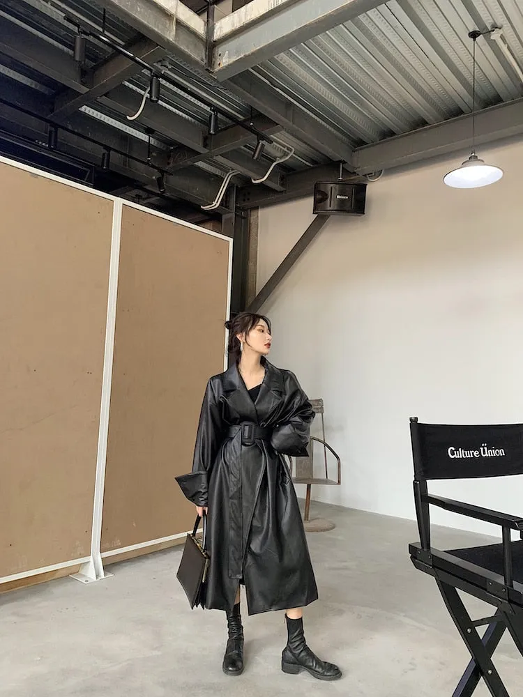 Long Faux Leather Trench with large Cuffs